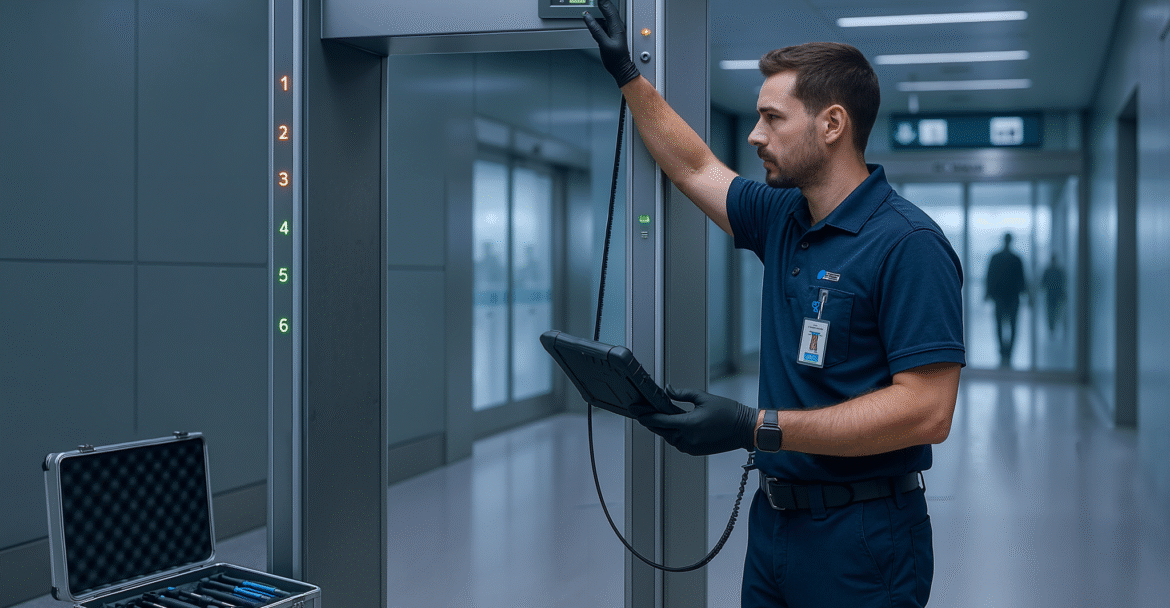 "Technician performing DFMD installation and maintenance on a walkthrough metal detector with calibration tools"