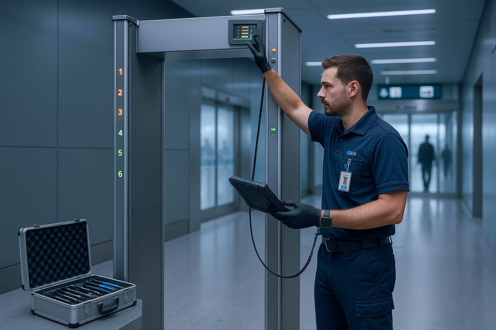 "Technician performing DFMD installation and maintenance on a walkthrough metal detector with calibration tools"