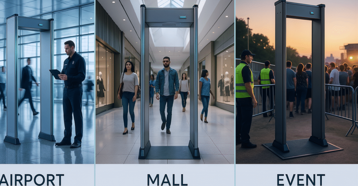 DFMD use cases across airports, malls, and events showing real-world walkthrough metal detector setups