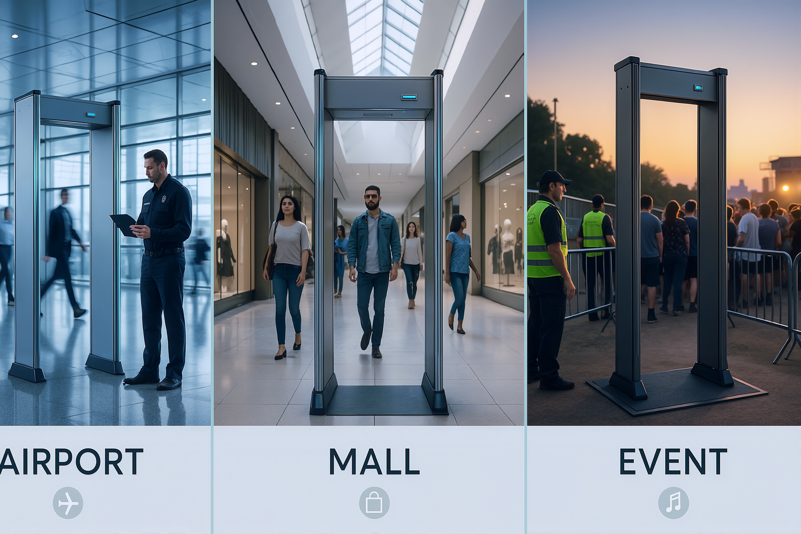 Real DFMD Use Cases: How Airports, Malls & Events Stay Secure DFMD use cases across airports, malls, and events showing real-world walkthrough metal detector setups