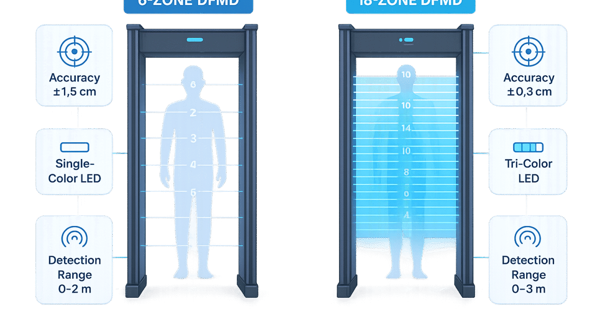 "Side-by-side comparison of a 6-zone and 18-zone DFMD walkthrough metal detector with labeled detection zones"