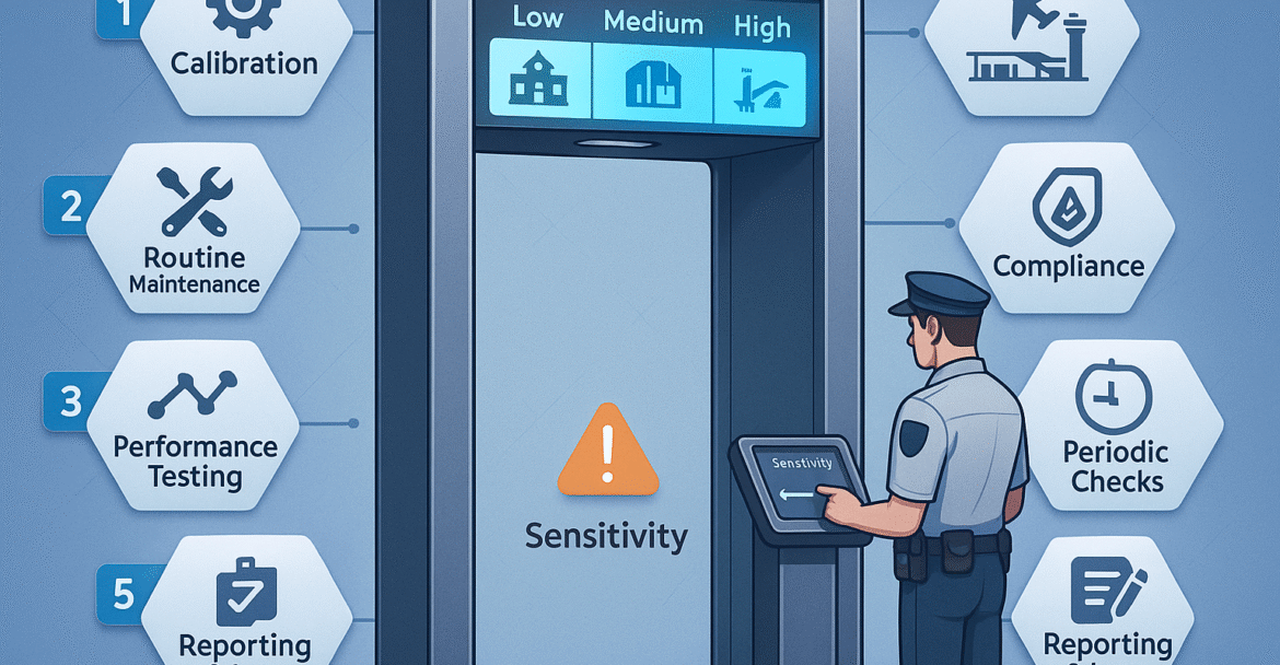 Technician adjusting DFMD sensitivity settings at a security checkpoint using a control panel