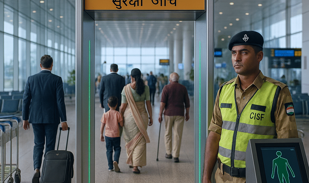Airport security checkpoint with a DFMD gate in use and a security officer monitoring passengers