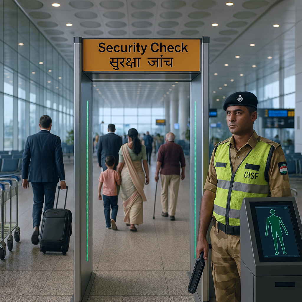 Airport security checkpoint with a DFMD gate in use and a security officer monitoring passengers