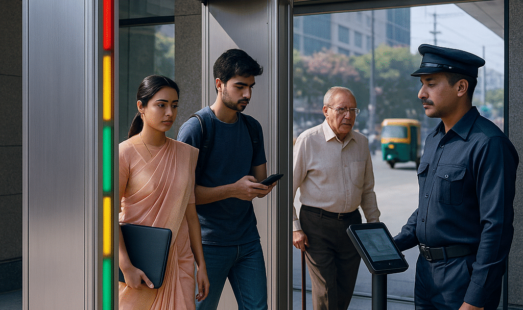 Multi-zone DFMD gate installed at a public entrance with LED zone indicators active