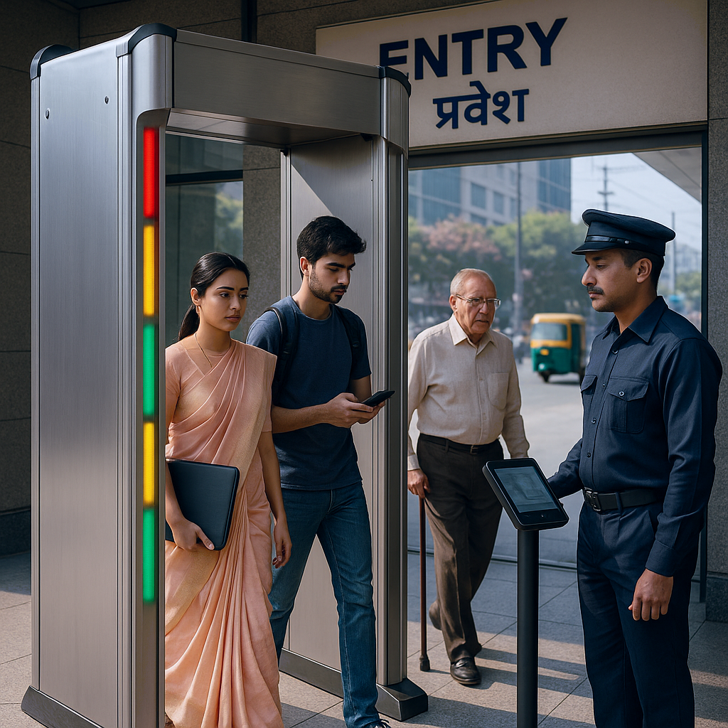 Understanding DFMDs and Metal Detectors: Frequency, Voltage, Range, and Zones Explained Multi-zone DFMD gate installed at a public entrance with LED zone indicators active