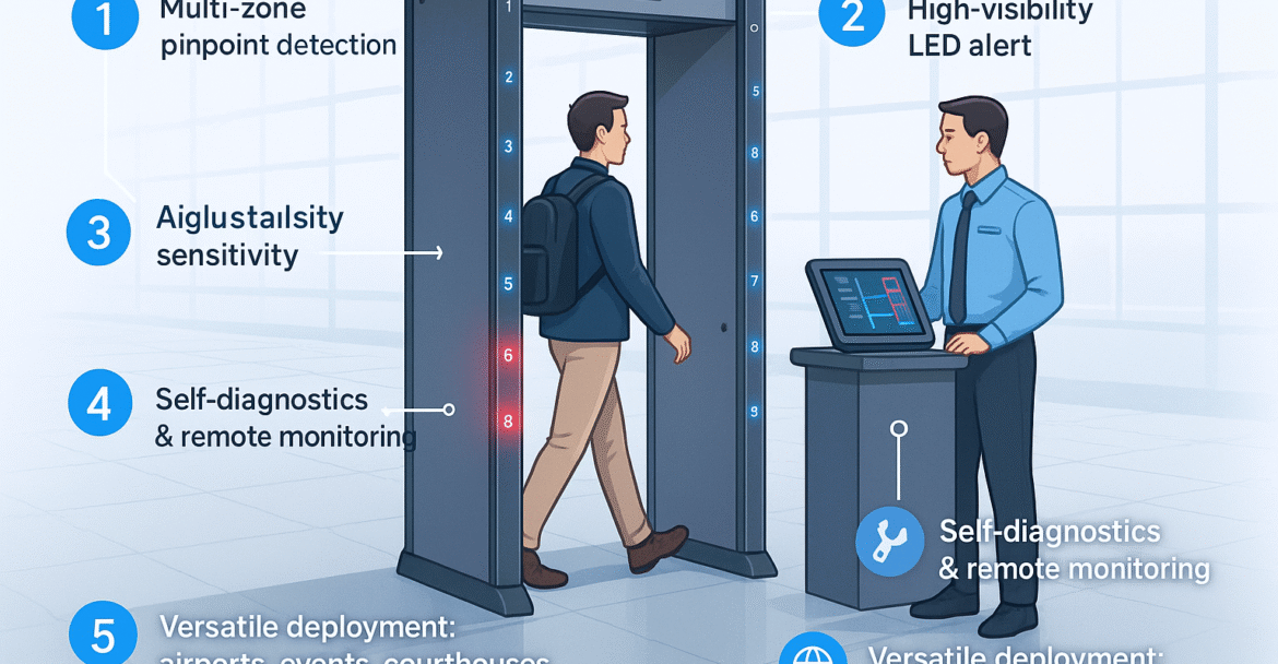 "DFMD multi-zone detectors with LED alerts installed at a busy airport security checkpoint"